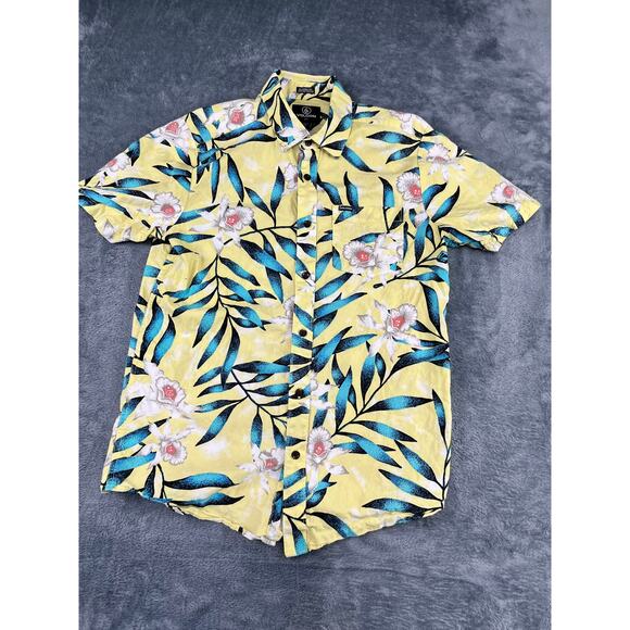 Men’s Volcom S Yellow Tropical Floral Short Sleeve Shirt – Excellent Condition - Picture 1 of 11